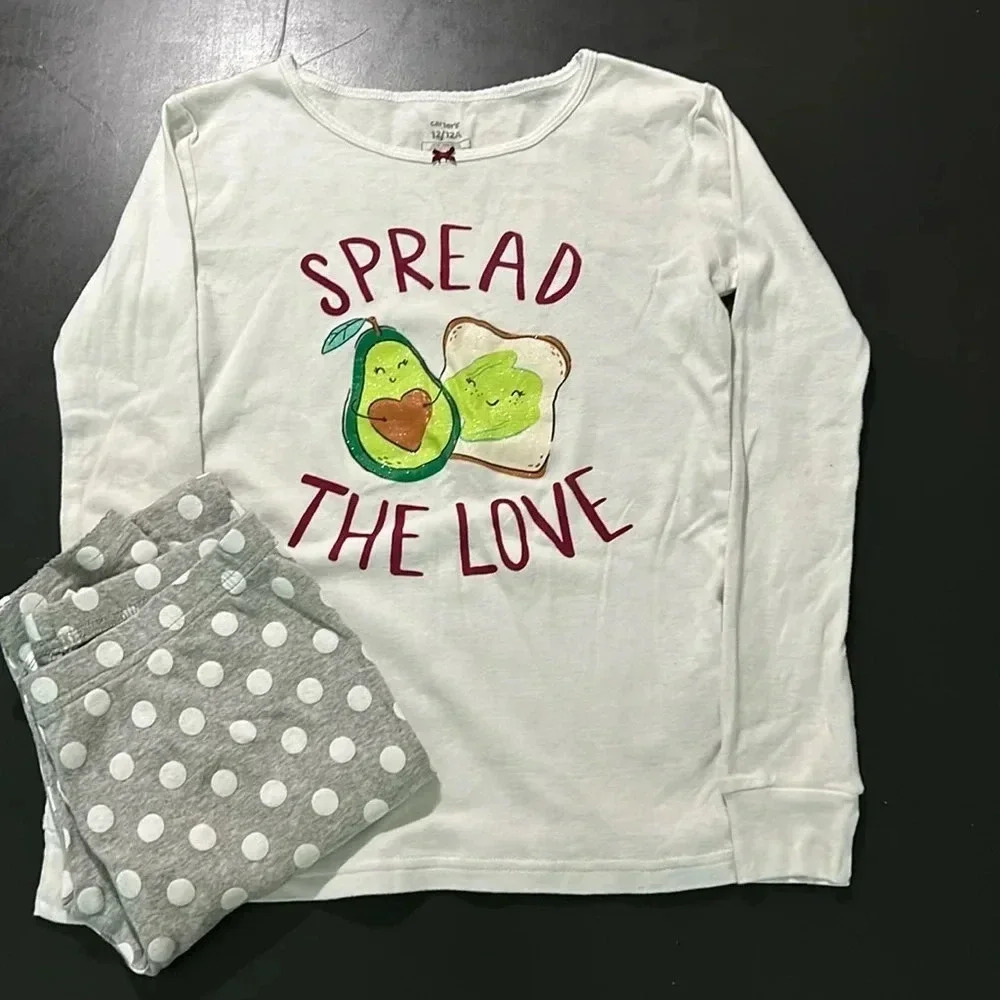Carters girls size 12 pajama set, long sleeve top & pants white/gray comfy EUC